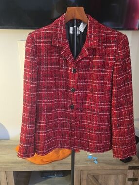 villager Red Plaid Tweed Button-Front Blazer